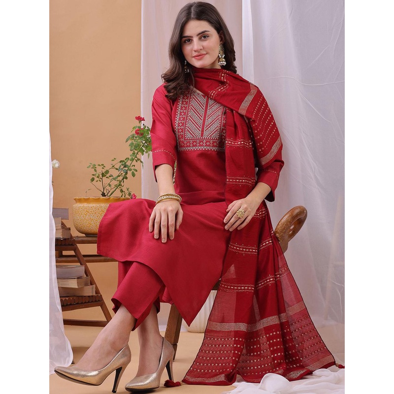 KALINI Women Ethnic Motifs Embroidered Regular Sequinned Kurta Sets With Dupatta
