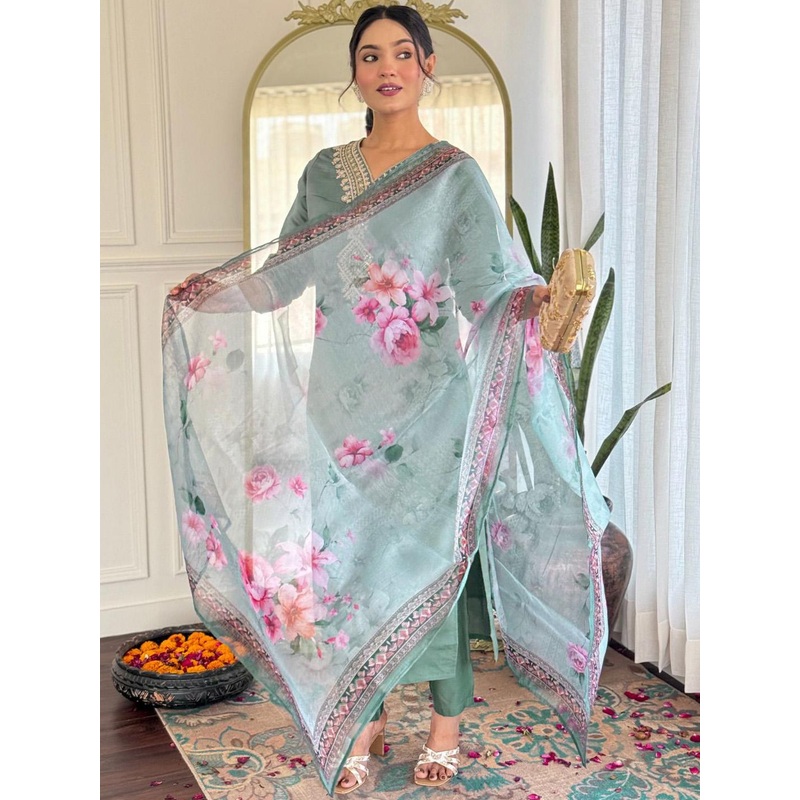 KALINI Yoke Design V-Neck Straight Kurta With Trousers And Dupatta