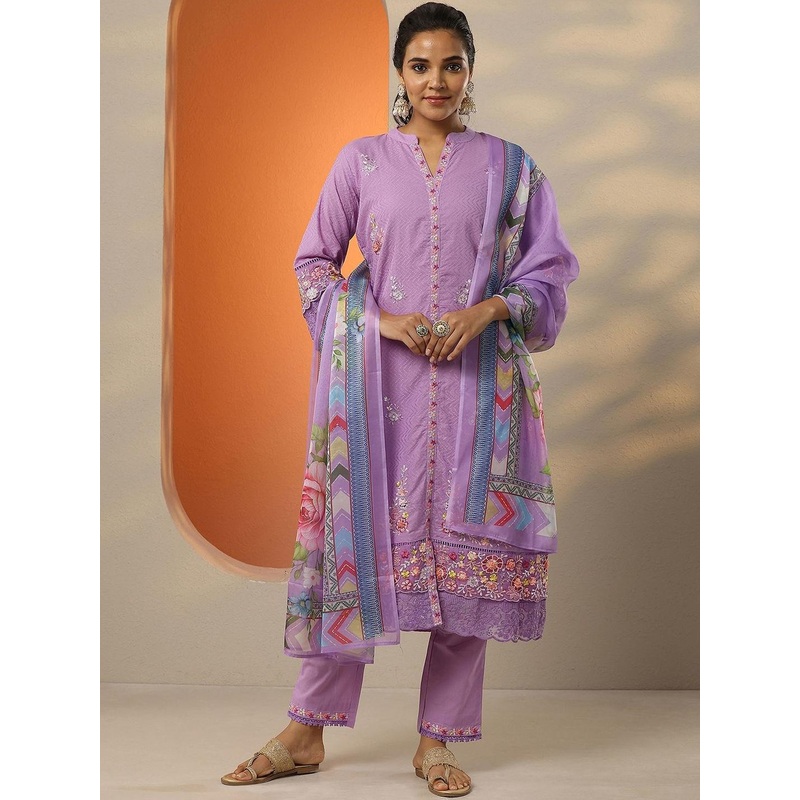 Libas Floral Embroidered Straight Thread Work Kurta With Trousers & Dupatta
