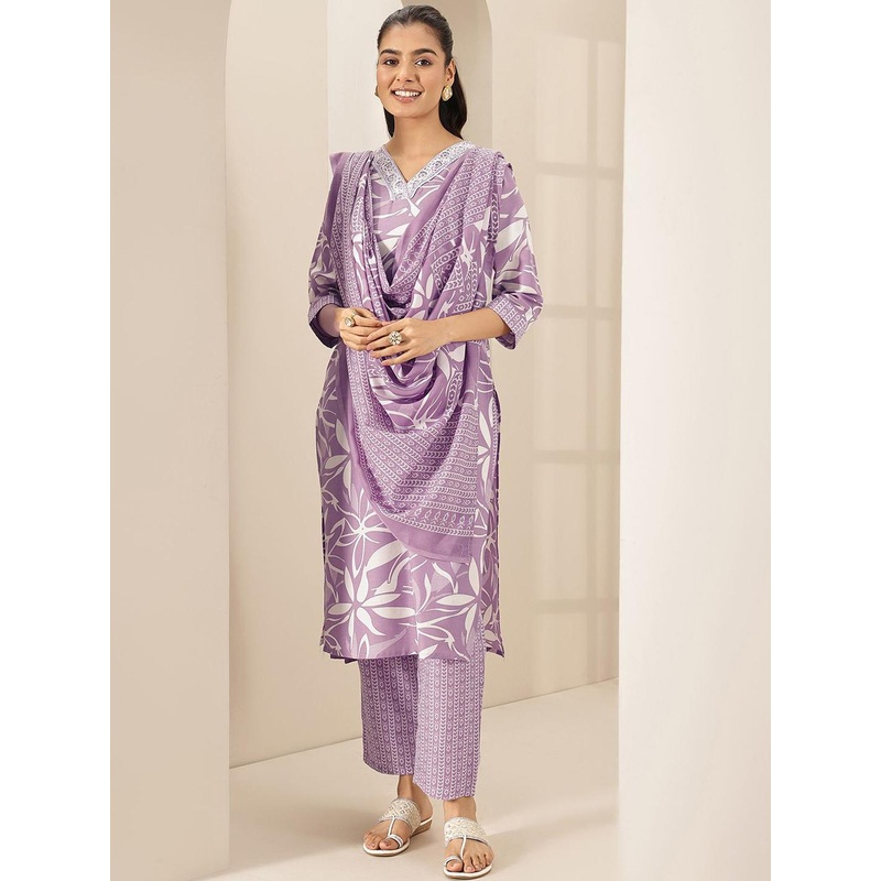 Libas Floral Printed V-Neck Straight Kurta With Trousers & Dupatta