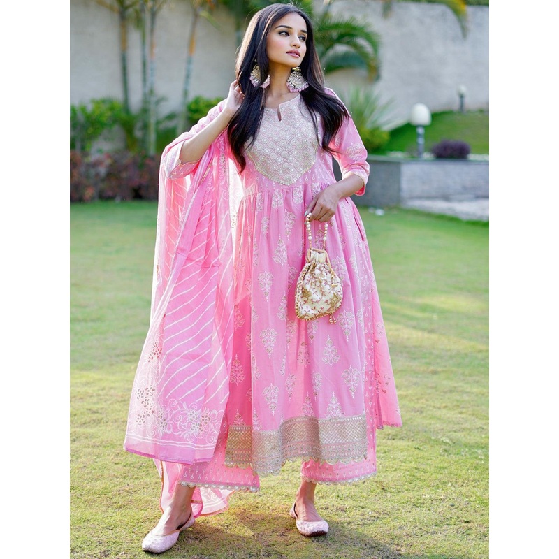 Libas Womens Pink Yoke Design Cotton Anarkali Kurta With Palazzos & Dupatta