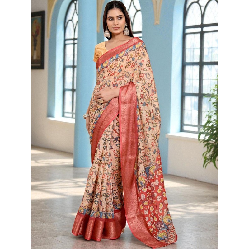 MORDEN MUSE Kalamkari Printed Woven Design Zari Saree