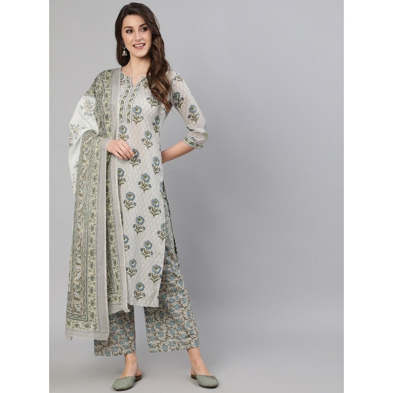 Nayo Women Grey Floral Printed Pure Cotton Kurta with Palazzos & With Dupatta