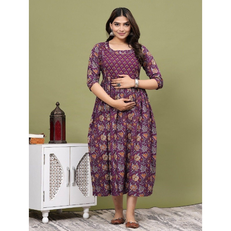 Nevisha Style Floral Printed Round Neck Gotta Patti Maternity Cotton Anarkali Kurta