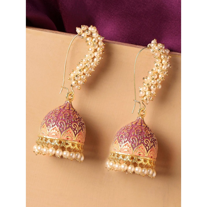 OOMPH Gold-Toned & Pink  Meenakari Enamel Pearls Ethnic Jhumka
