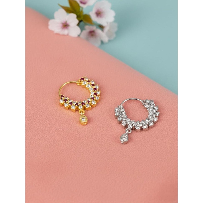 PRIVIU Set Of 2 Gold-Plated American Diamond Studded Ring Nosepins