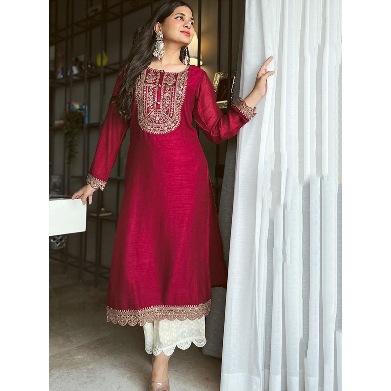 rarethread Women Floral Embroidered Thread Work Raw Silk Kurta