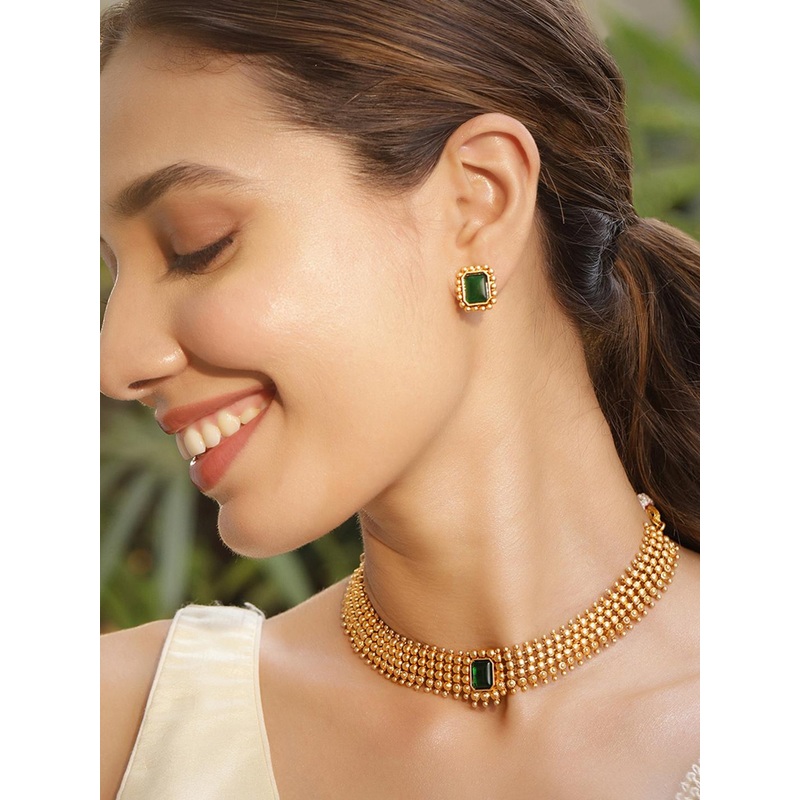 Rubans 22K Gold-Plated Emerald Green Stone Studded Choker Necklace Set with Gold Beads