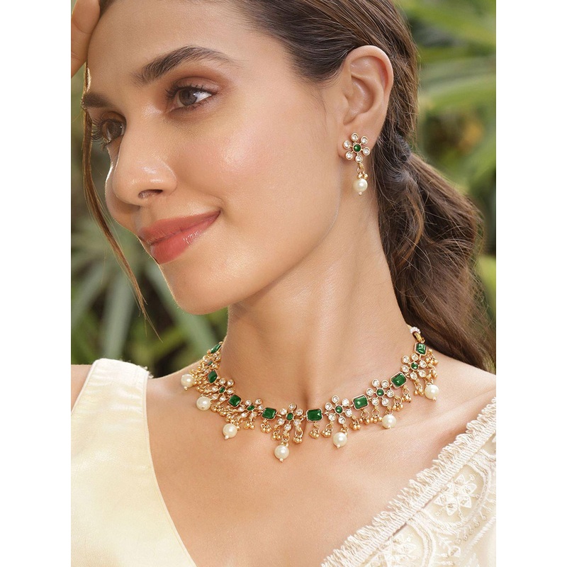 Rubans 22K Gold Plated Emerald & Zirconia Studded Necklace Set with Gold & Pearl Beaded