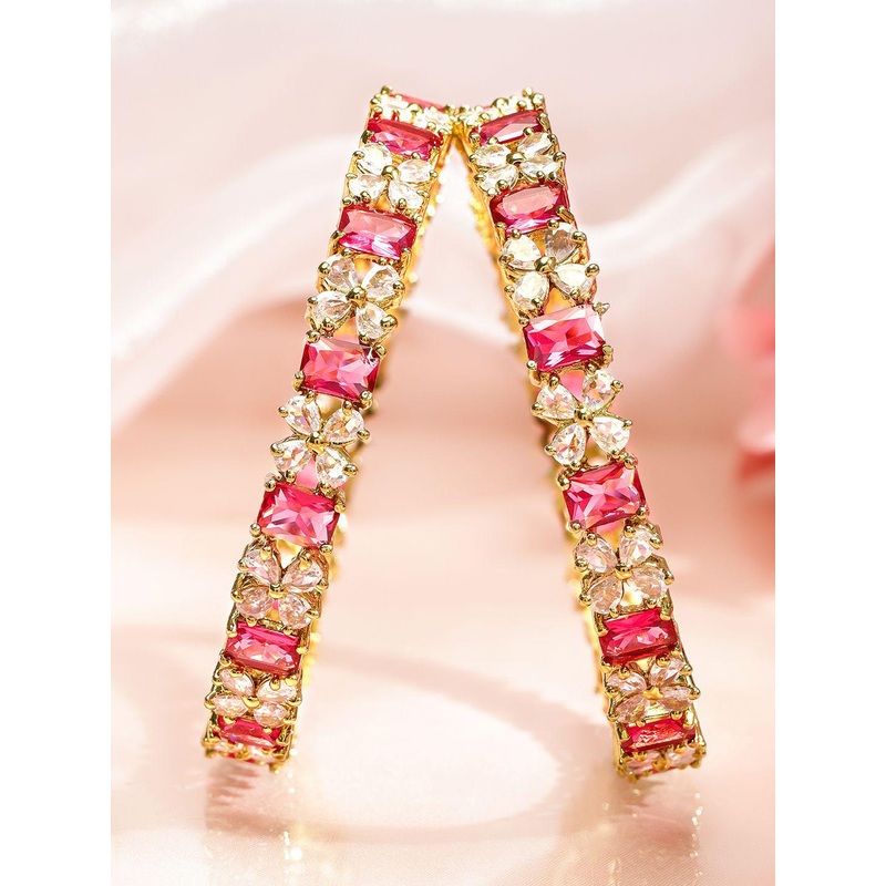 Rubans Set of 2 18K Gold-Plated Ruby Pink & White Cubic Zirconia Studded Floral Bangles