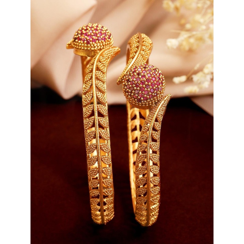 Rubans Set of 2 18K Gold Plated Ruby Red Studded Geru Polish Traditional Bangles