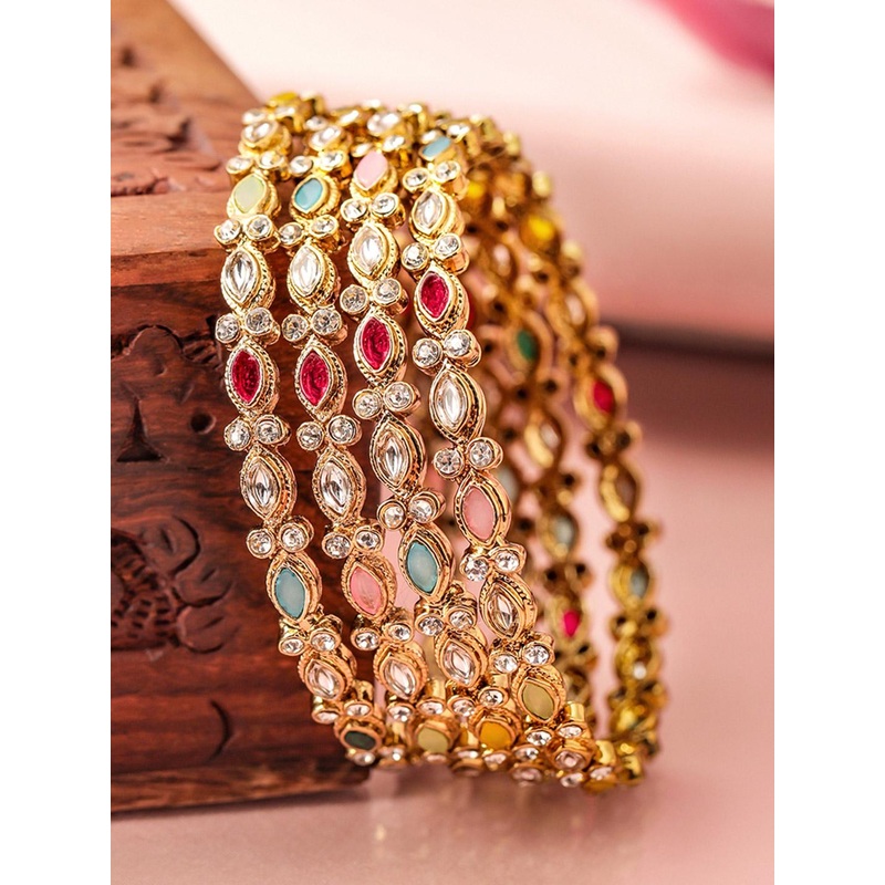 Rubans Set of 4 18K Mehandi Gold-Plated Multicolor Kundan & Gemstone Studded Bangles