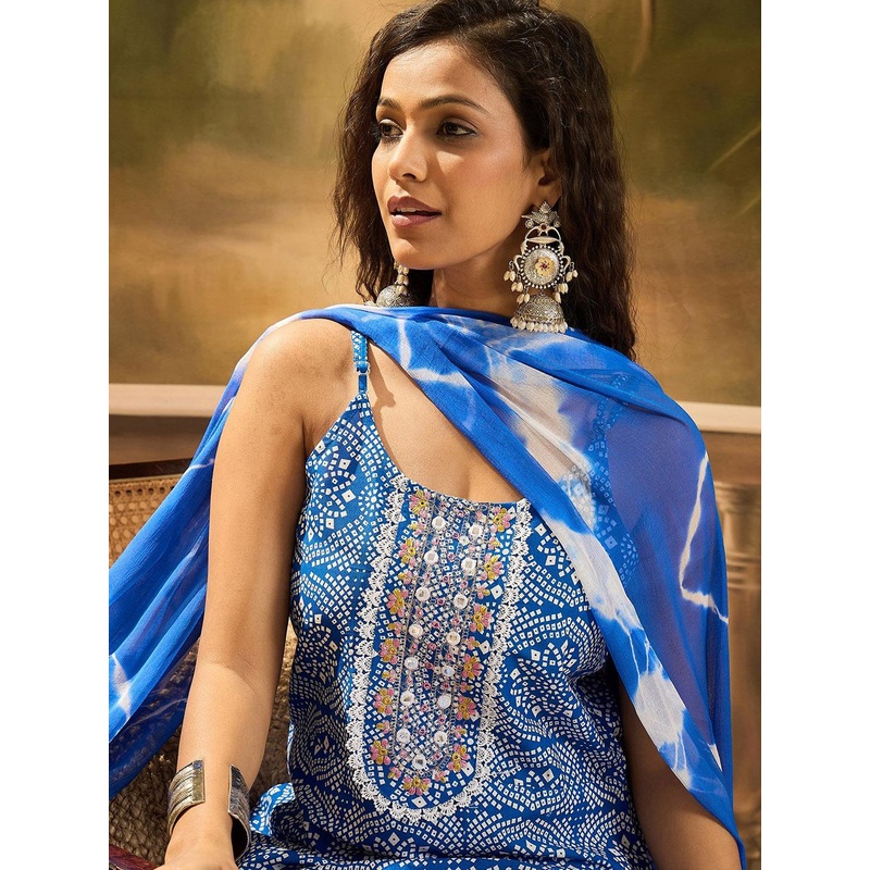 Sangria Bandhani Printed & Embroidered A-Line Kurta With Dupatta