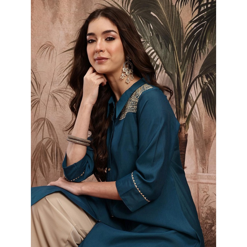 Sangria Embellished Sequinned Button Detail Shirt Collar Asymmetric Kurta