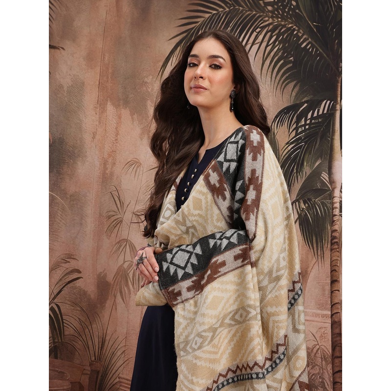 Sangria Ethnic Motifs Woven Design Pure Wool Ethnic Shawl with Fringed Border