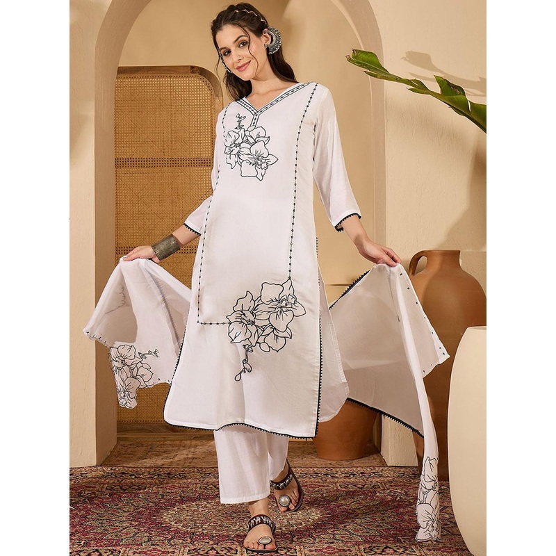 Sangria Floral Embroidered Thread Work Pure Silk Straight Kurta & Trousers With Dupatta