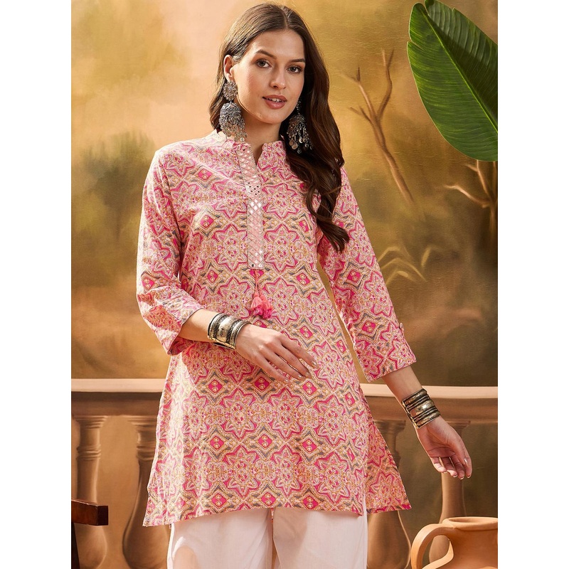 Sangria Floral Printed Mandarin Collar Mirror Work Pure Cotton Straight Short Kurti