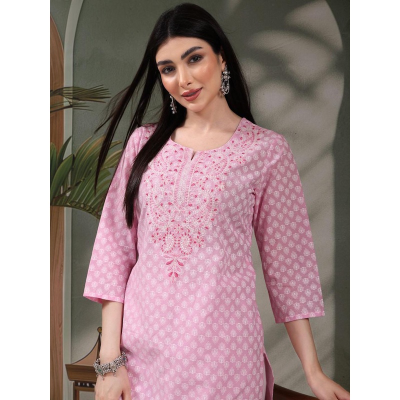 Sangria Floral Printed Thread Work Notch Neck Pure Cotton Straight Kurta