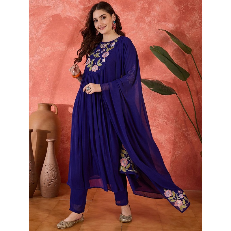 Sangria Floral Yoke Design Straight A-Line With Trouser And Dupatta