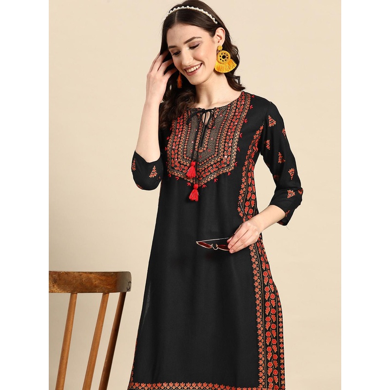 Sangria Floral Yoke Printed Mirror Work Kurta