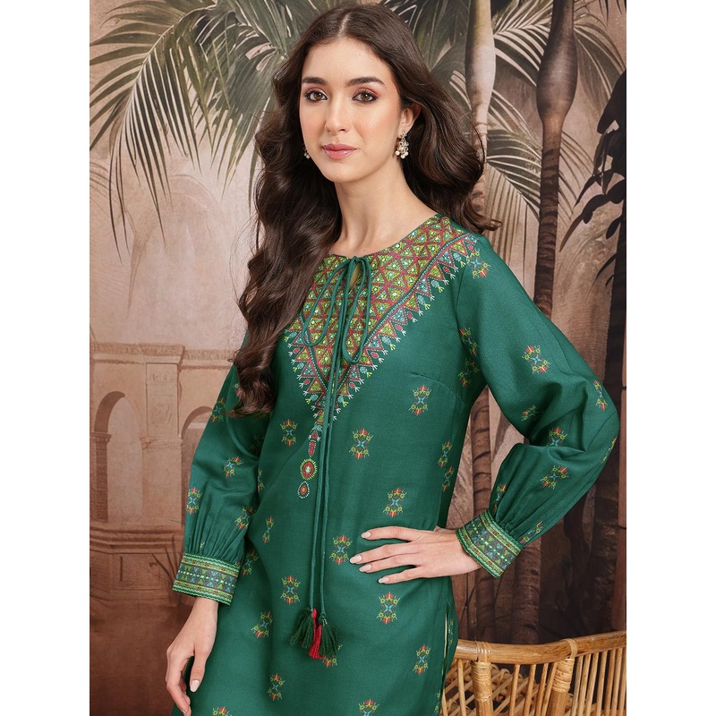 Sangria Geometric Woven Design Straight Kurta with Tie-Up Neck Detail