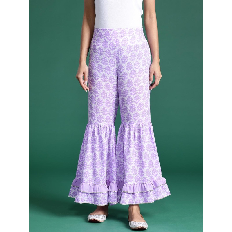 Sangria Gotta Patti Detailed Ruffled Ethnic Printed Palazzos