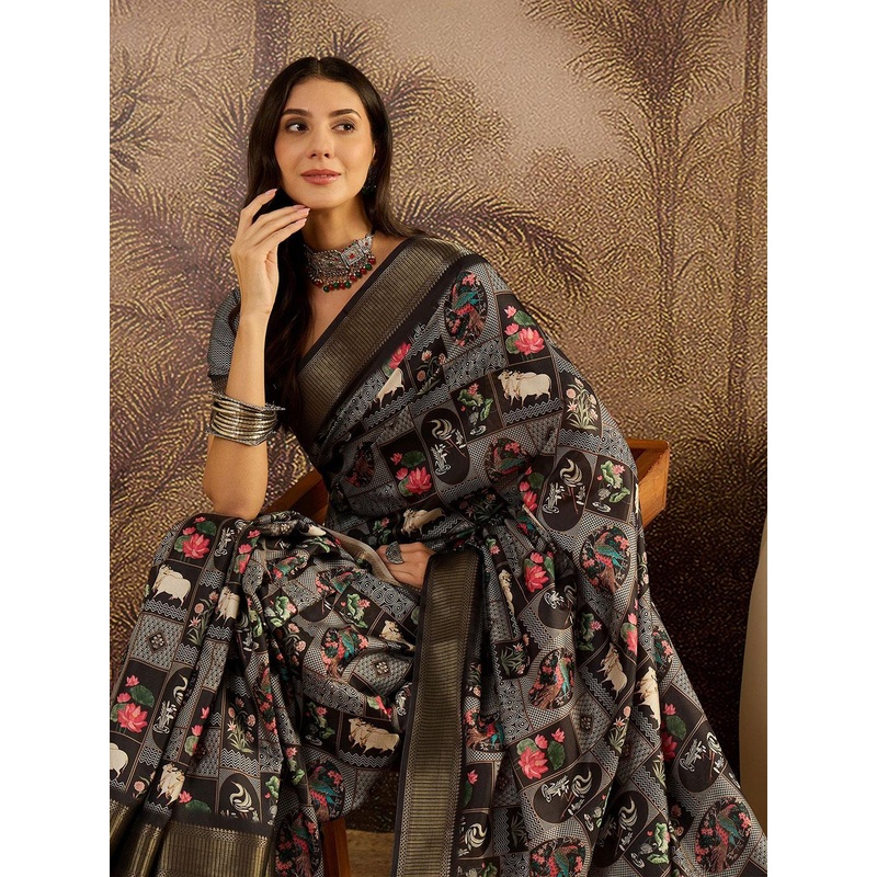Sangria Kalamkari Printed Tussar Saree With Unstitched Blouse