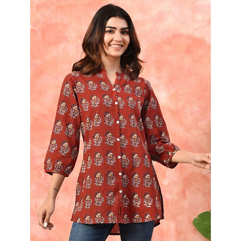 Sangria Mandarin Collar Printed Cotton Ethnic Tunic