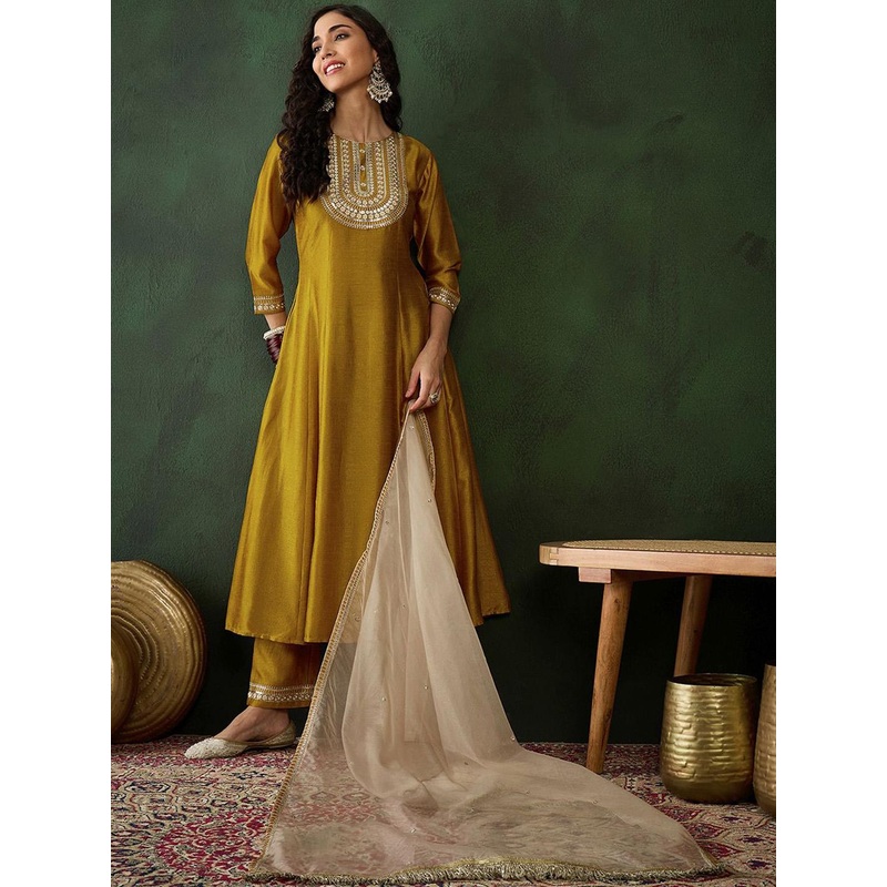 Sangria Mustard Yellow Floral Embroidered Zari A-line Kurta With Trousers & Dupatta