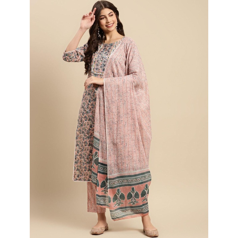 Sangria Peach & Blue Floral-Printed Pure-Cotton Straight Kurta With Trouser & Dupatta
