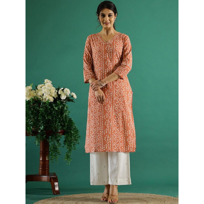 Sangria Peach  & White Bandhani Printed V-Neck Cotton Straight Kurtas
