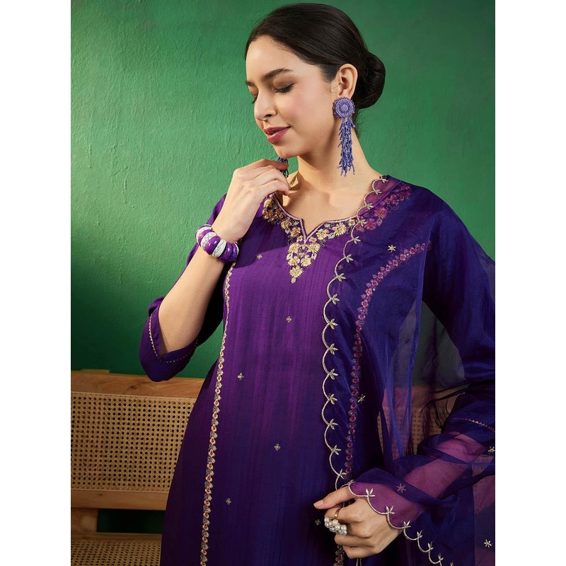 Sangria Purple & Gold Toned Zari Embroidered Straight Kurta With Trouser & Dupatta