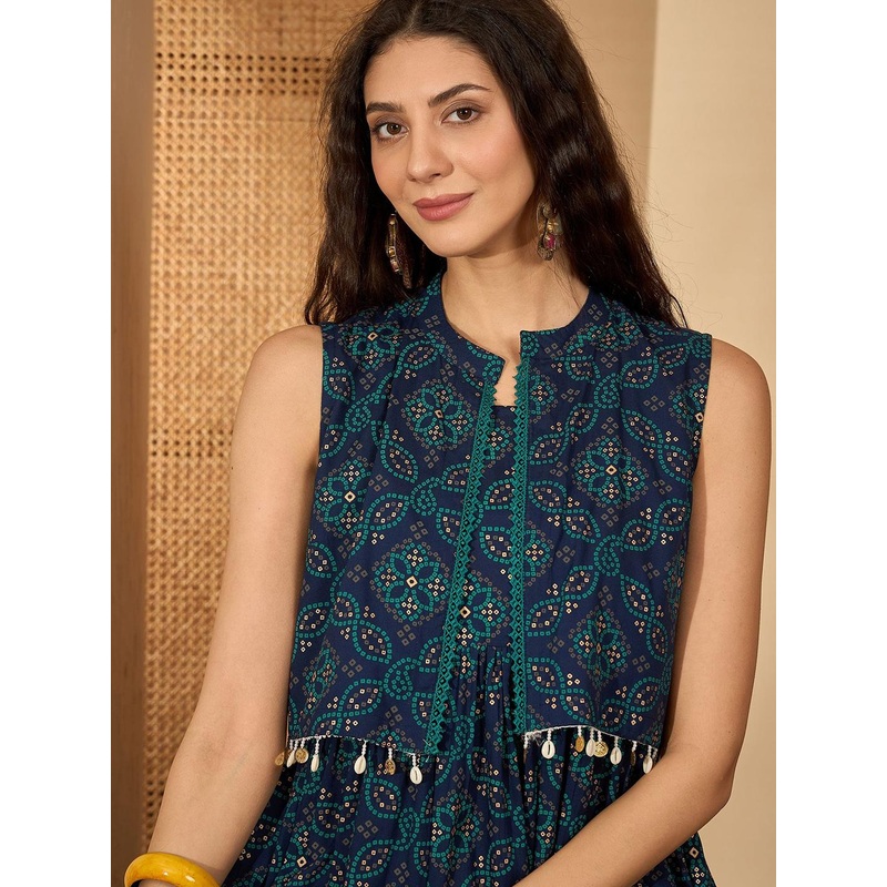 Sangria Women Bandhani Printed Tiered Fit and Flare Midi Dress with Ethnic Jacket