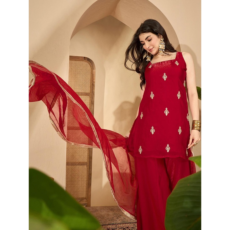 Sangria Women Silk Blend Embroidered Kurta Sets With Dupatta