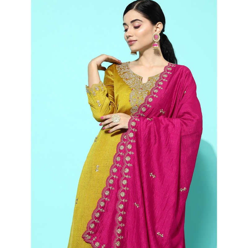 Sangria Yellow & Pink Floral Sequinned Embroidered Straight Kurta With Palazzo & Dupatta