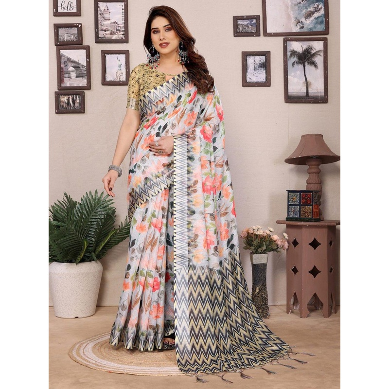 Shriyangan Floral Block Printed Pure Linen Saree