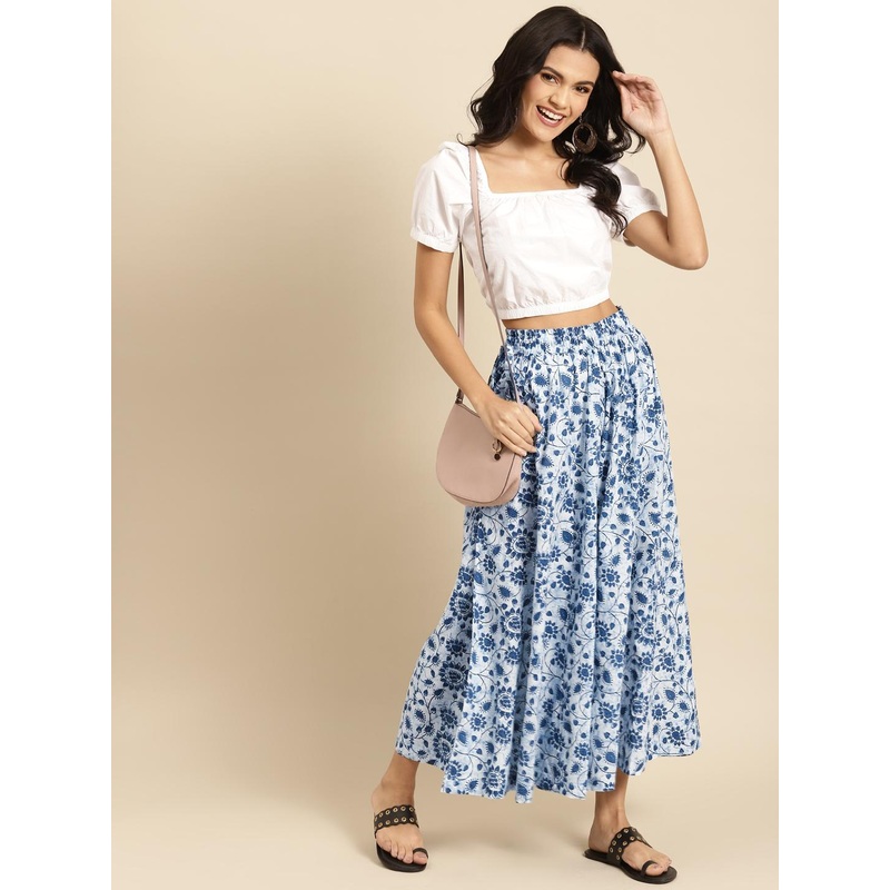 TAG 7 Women White & Blue Printed Pure Cotton Flared Palazzos