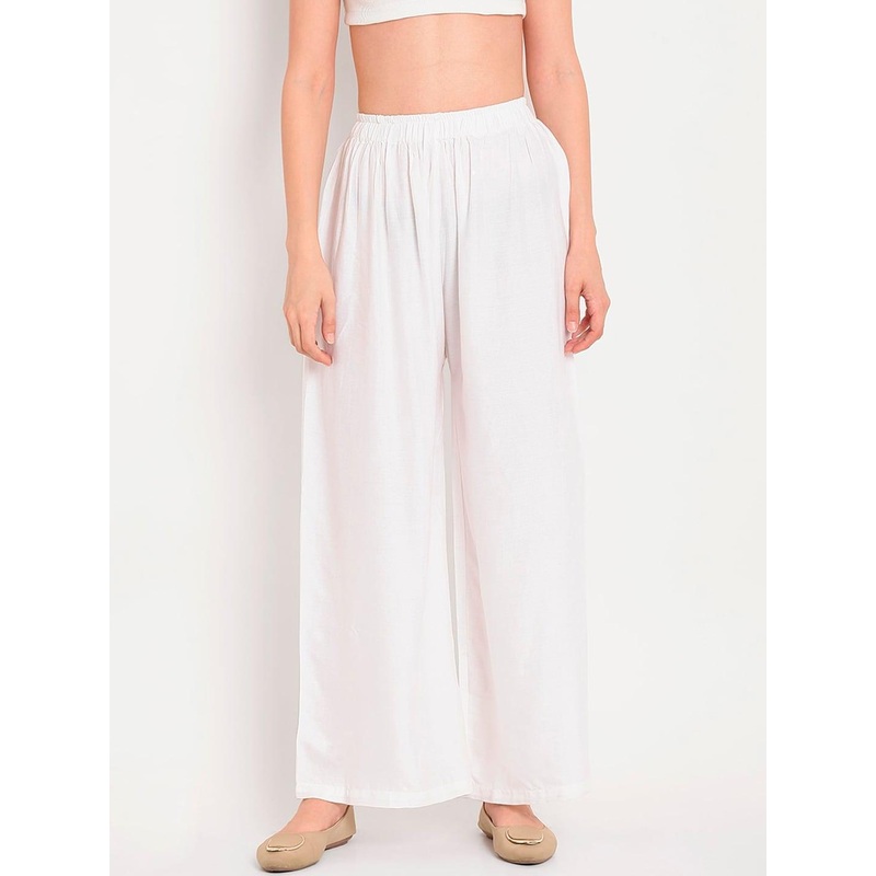 TAG 7 Women White Solid Flared Palazzos