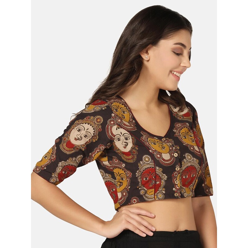 THE WEAVE TRAVELLER Kalamkari Printed V-Neck Cotton Saree Blouse