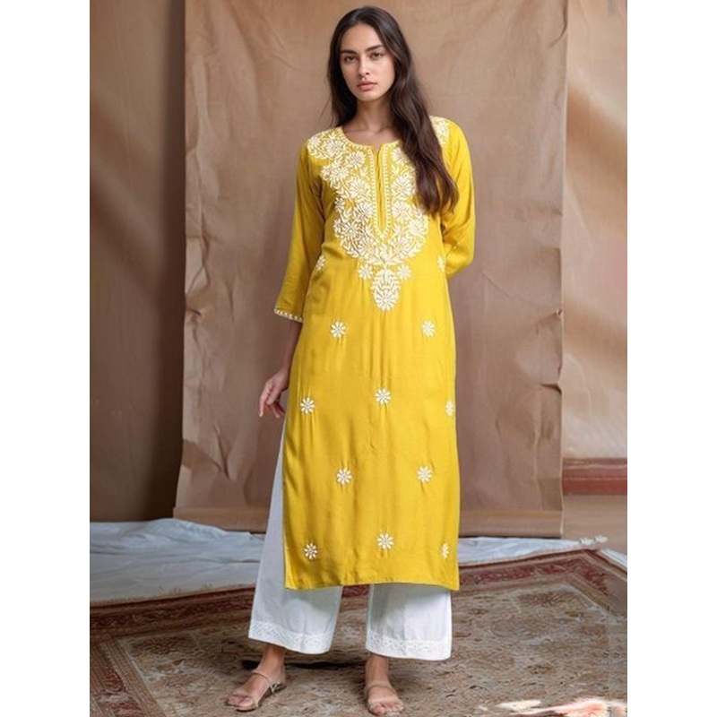 Tulip Eden Floral Embroidered Notch Neck Chikankari Straight Kurta