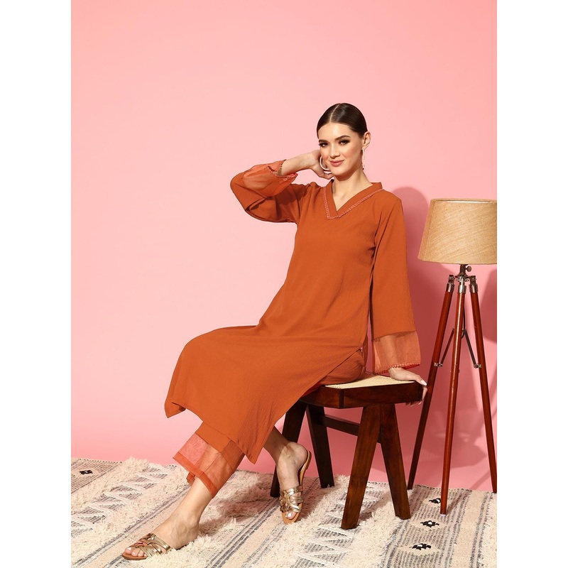 Varanga Rust Flared Sleeve Organza detailed V Neck Textured Kurta with Palazzo