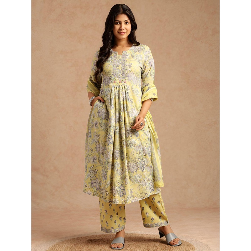 Vbuyz Floral Printed Mirror Work Pure Cotton Kurta With Trousers & Dupatta