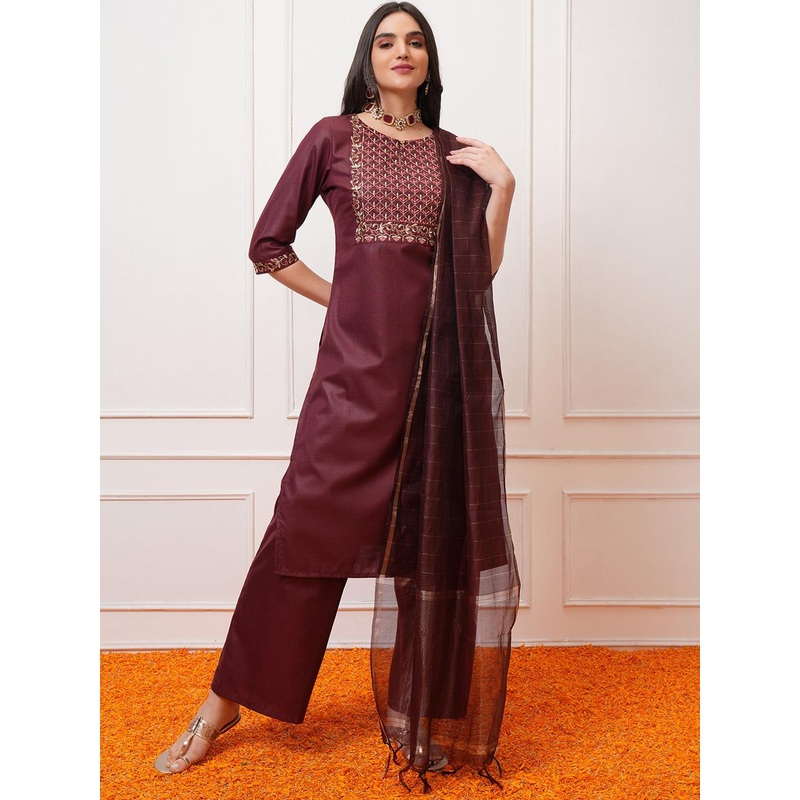 Vishudh Burgundy Ethnic Motifs Yoke Design Thread Work Kurta with Palazzo & Dupatta