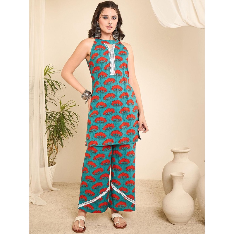 WineRed Floral Printed Sleeveless Halter-Neck Pure Cotton Tunic & Trouser