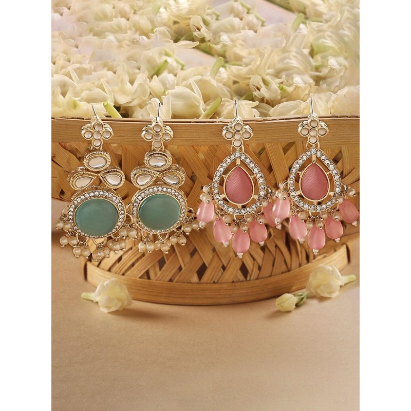 Zaveri Pearls Set Of 2 Gold-Plated Contemporary Drop Earrings