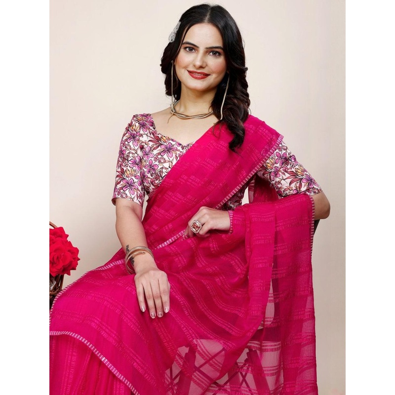 Zenophily Striped Pure Chiffon Saree With Unstiched Blouse Piece