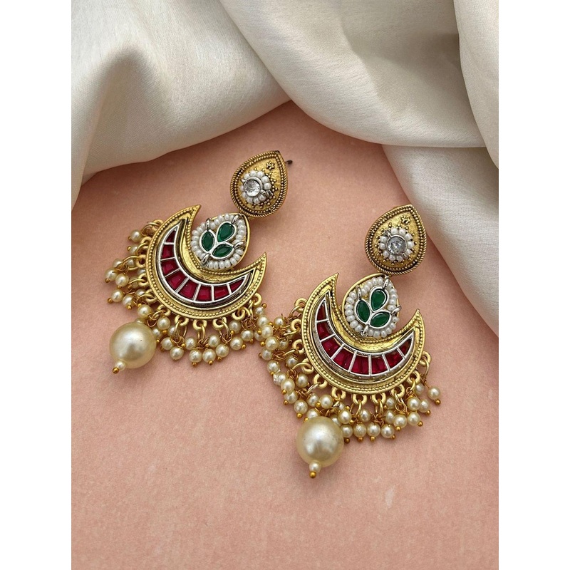 Zeviel Gold-Plated Artificial Stones Studded & Beaded Contemporary Antique Chandbalis