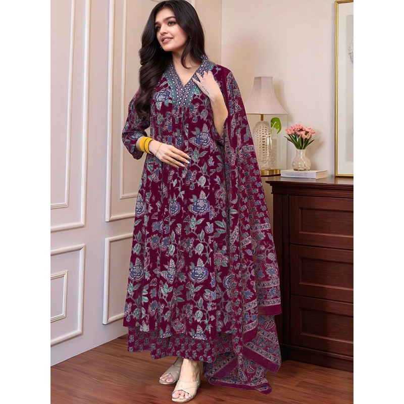 Aaghnya Floral Printed V-Neck A-Line Kurta With Palazzos & Dupatta