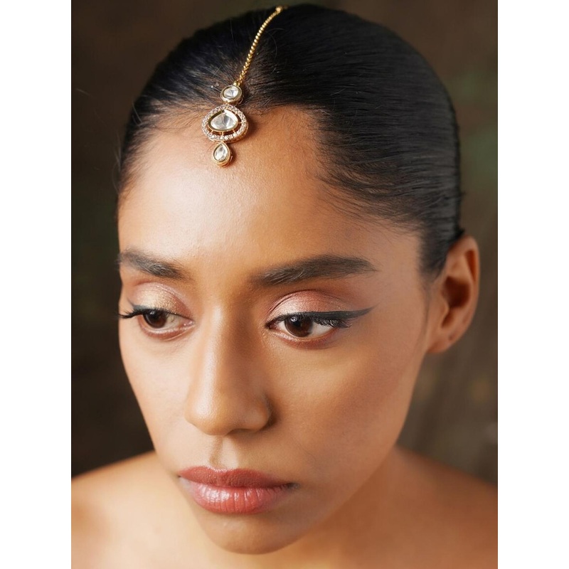 ABDESIGNS Gold-Plated Polki Kundan Studded and Pearls Beaded Maang Tikka