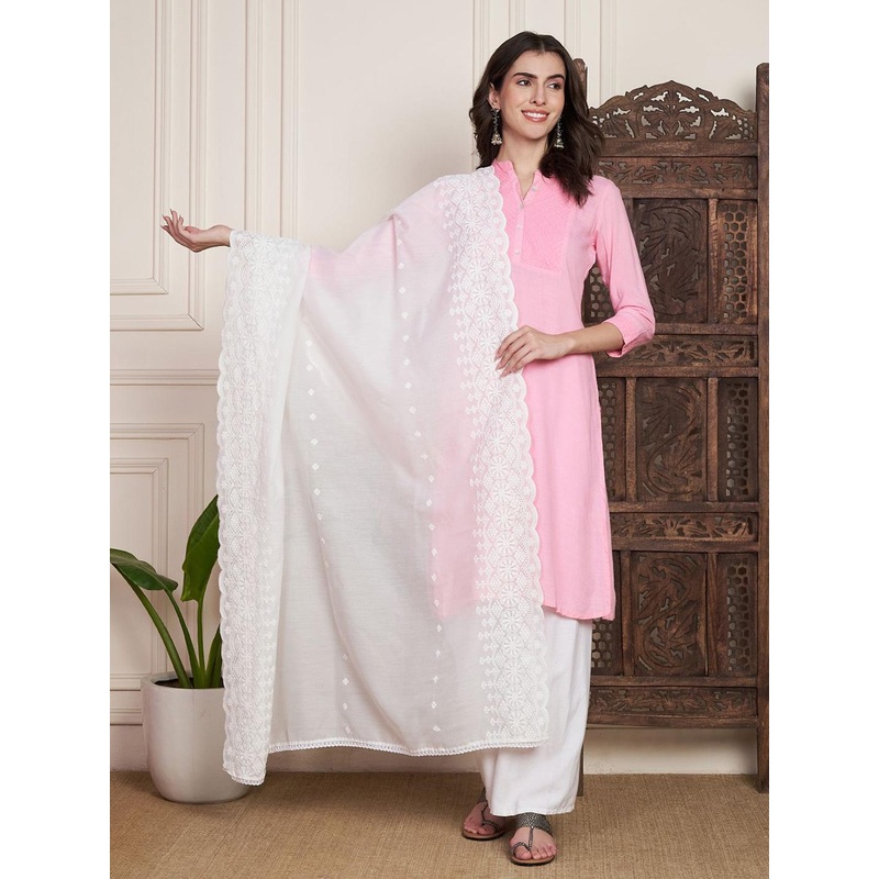 AKSHADEEP Floral Embroidered Chikankari Pure Cotton Dupatta